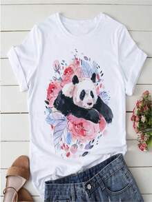 COOL SUMMER Summer Tshirts Cartoon T Shirt Women Kawaii Panda Yoga Print Graphic T Shirts  Oversized T Shirt  Aesthetic Clothes - 白色 - 查看 1