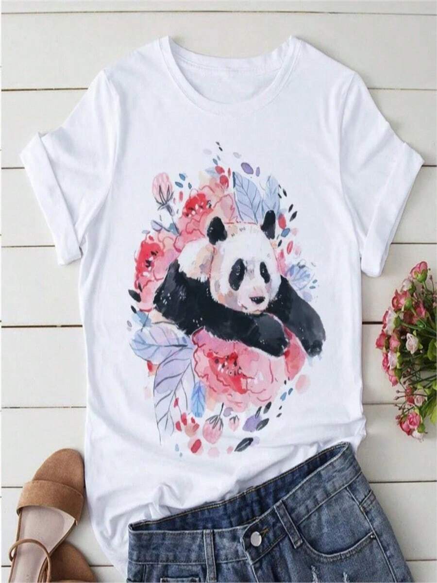 COOL SUMMER Summer Tshirts Cartoon T Shirt Women Kawaii Panda Yoga Print Graphic T Shirts  Oversized T Shirt  Aesthetic Clothes - 白色 - 查看 1