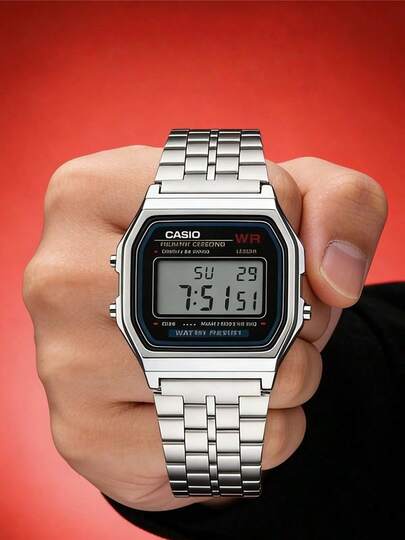 Casio 卡西欧男士方形表盘数字手表，不锈钢表带，石英机芯，多功能防水腕表，男士礼品 A159W-N1