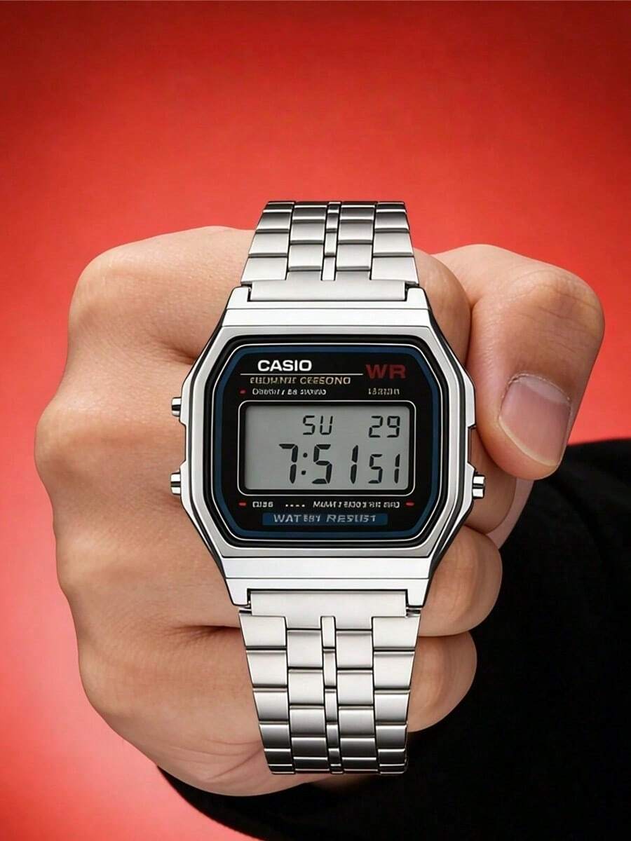 Casio 卡西欧男士方形表盘数字手表，不锈钢表带，石英机芯，多功能防水腕表，男士礼品 A159W-N1 - 黑色 - 查看 1