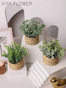 3pcs/Set Artificial Woven Mini Planters: Eucalyptus, Rosemary, And Mimosa Artificial Plants In Different Shapes, Seagrass Ropes, Gifts, Artificial Plants, Grass Mounds, Green, PE Material, Polyester Fiber Material, Handmade, Wedding Decor, Graduation Gift Decor, Valentine's Day, Easter Decor, Home Decor - Green - View 8