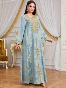 Solessence 女士优雅长款卡夫坦连衣裙，V领长袖，提花刺绣，适合斋月、派对、节日和约会穿着。 - 藍色 - 查看 4