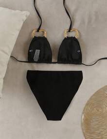 Plus Size Women's New Summer Sequin Solid Color Buckle Decor Two Pieces Bikini, Suitable For Vacation, Beach Date, Valentine's Day Tie Swimsuit Set - Black - View 5