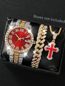 3pcs Set For Boys: Hip Hop Cuban Chain Quartz Watch, Cuban Bracelet And Cross Necklace, Street Style, Ideal Gift For Him - Multicolor - View 5