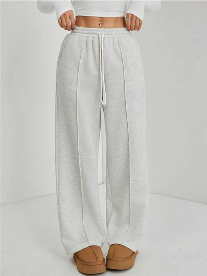 Women's Casual Straight Leg Drawstring Waist Elastic Pants, Solid Color, Suitable For Spring/Autumn