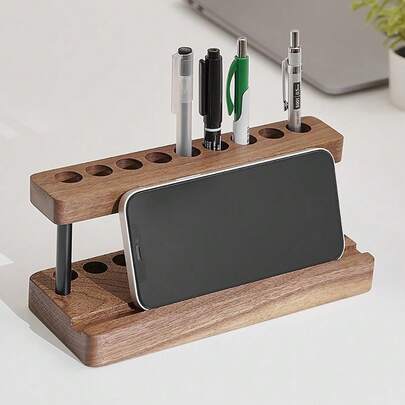 Portalápices de madera con 15 compartimentos y soporte para teléfono móvil – Portalápices único para el escritorio – Organizador de oficina minimalista