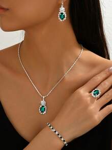 5pcs/Set Women's Jewelry Gift Set: Necklace, Earrings, Bracelet, Ring, Rhombus Pattern, Elegant Street Style Bridal Accessories, Thanksgiving Royal Copper - Green - View 2