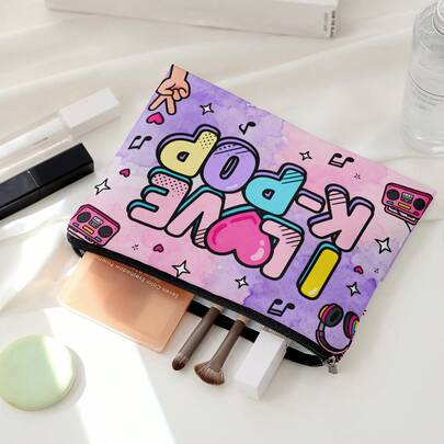 Mattel "I LOVE K-POP" Lined Storage Bag, Colorful Heart Music Note Cartoon Makeup Pouch, Travel Toiletry Bag With Lining, Multi-Purpose Organizer, DIY Categorized Storage, K-POP Fan Gift, Double-Sided Printing Design, Ideal For Cosmetics, Toiletries,