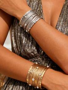 1件极简半圆形镂空几何C形金属手镯，珠宝礼品，适合派对和宴会场合 - 彩色 - 查看 3