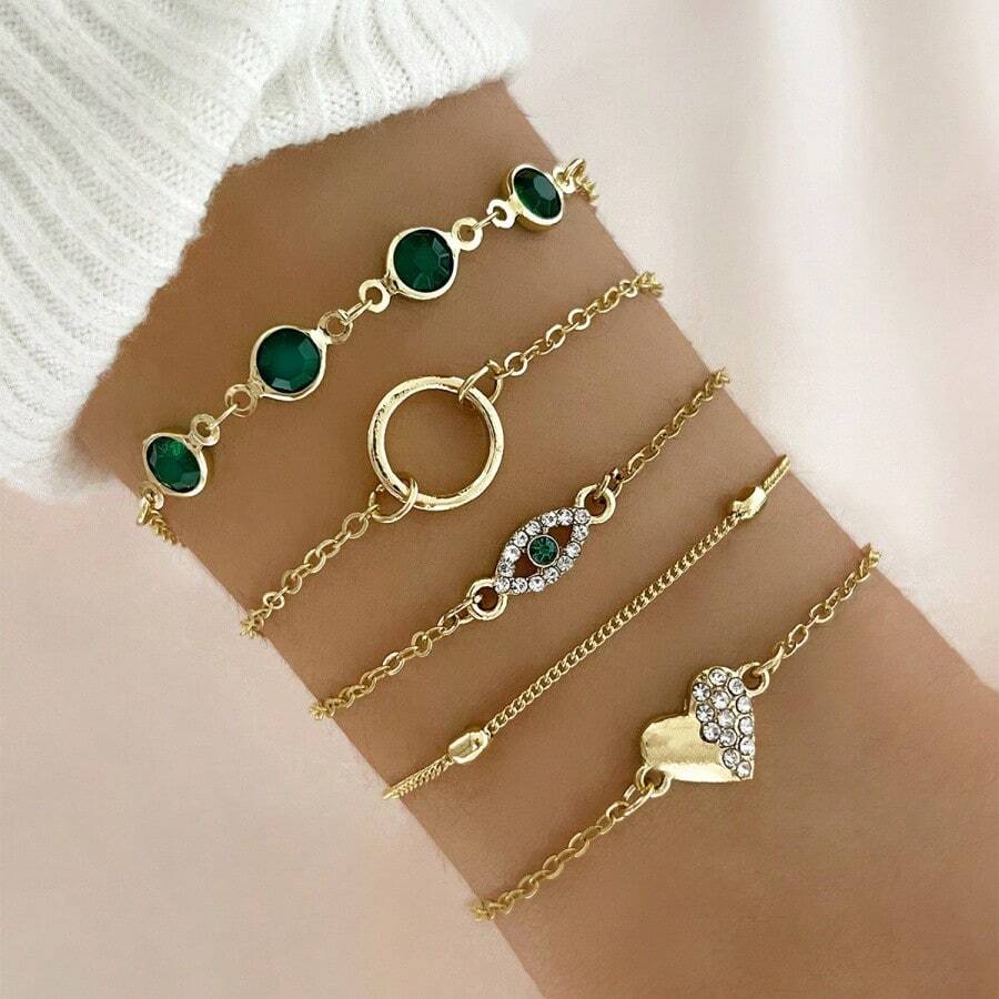 Hollow Round Inlaid Diamond Heart Bracelet Rhinestone Heart Eye Bracelet Set For Women 5 Pieces Perfect For Women On Valentine's Day, Dates, Outings, And Daily Wear - S1305 - 查看 1