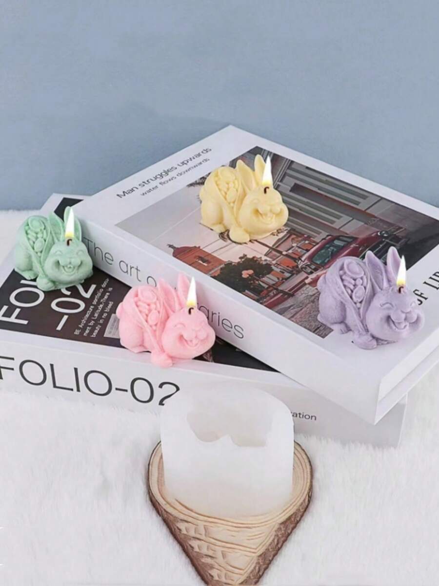 1个2D锭状兔子硅胶蜡烛模具，DIY简易可爱兔子蜡烛模具，创意家居装饰/礼品石膏模具，手工环氧树脂浇铸模具，艺术装饰石膏模具 - 白色 - 查看 1