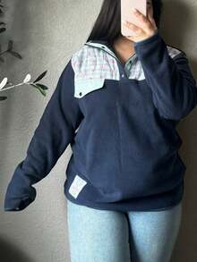 Women's Fleece Pullover Floral Patchwork Collar Pocket Casual Vintage Y2K Top - màu xanh nước biển - Xem 2