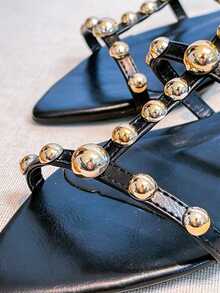 Women's Flat Sandal With Leaf-Shaped Toe And Gold Bead Details - Negro - Ver 8