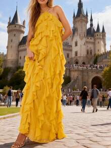 2026 Summer Women Maxi Beach Dress Boho Halter Backless Dresses Flowy Ruffle Long Dress Cutout Flowy Tiered Sundresses - Amarillo - Ver 4