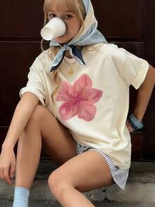 1pc Girls Casual Printed Round Neck Short Sleeve T-Shirt, Summer Student Young Apparel - Artistic Style T-Shirt Inspires Imagination And Self-Expression - Apricot - View 8