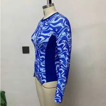 1pc Women's One-Piece Swimsuit, Triangle Design, Long Sleeve, Slimming, Suitable For Hot Spring, Beach, Holiday - Blue and White - View 4