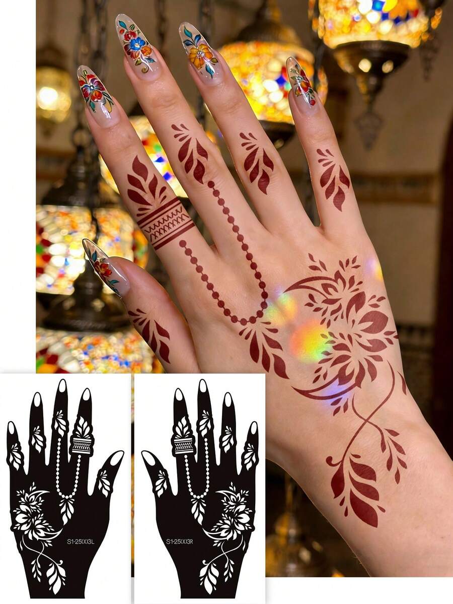 2 Stücke florale Perlen-Ketten dekorative Muster Tattoo Schablonen - exquisite hohle wunderschöne Strukturen, wiederverwendbar, geeignet für individuelle temporäre Tattoos, passend für Party & tägliche Körperdekoration, einfach eigene kreative Tattoo-Looks erstellen