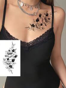 8 Sheets Temporary Tattoos Flowers Sexy Tattoos Black Realistic Rose Tattoo Stickers For Women Adult Fake Tattoos Body Art Arm Neck Sketch Realistic Floral Temp Tattoos For Party Daily Makeup - Black - View 4