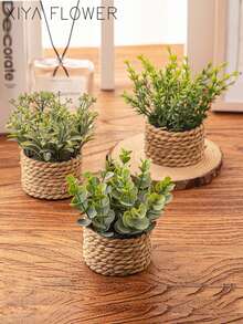 3pcs/Set Artificial Woven Mini Planters: Eucalyptus, Rosemary, And Mimosa Artificial Plants In Different Shapes, Seagrass Ropes, Gifts, Artificial Plants, Grass Mounds, Green, PE Material, Polyester Fiber Material, Handmade, Wedding Decor, Graduation Gift Decor, Valentine's Day, Easter Decor, Home Decor - Green - View 5