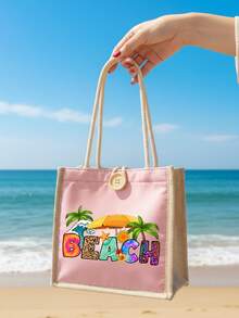 Coconut Tree Seaside Pattern Storage Bag And Cosmetic Bag Set, Linen Tote Bag, Colorful Beach Letters Pattern Gift Bag,Portable Shopping Bag, Lightweight Foldable Storage Bag, Minimalist Shopping Bag, Best Reusable Grocery Bag, Teacher'S Day Gift Bag, Valentine'S Day Gifts, Ramadan Mubarak, Ramadan Gifts,Back-To-School Gift, Summer Vacation, Beach Trip - Multicolor - View 7