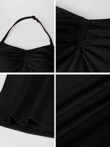Aoqta Sports Women's Summer Casual Solid Color Halter Neck Tank Top, Fitted Sleeveless Backless With Chest Pad Ruffle Hem Halter Neck Top, Suitable For Yoga, Running, Workout, Daily Wear - Hitam - View 11