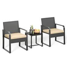 3pcs Patio Set Outdoor Wicker Chairs,Rattan Metal Furniture Sets With Cushions And Glass Top Table, Rattan Furniture Sets For Garden, Porch - 米色 - 查看 7