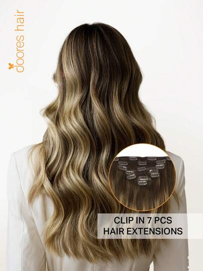 DOORES 7PCS Clip In Hair Extensions 100% Real Human Hair Chocolate Brown To Honey Blonde 14-20 Inch 115g, Remy Extensions For Clip In Human Hair With Invisible Straight & Thick Silky Weft, Volumizing Straight Hair That Is Natural & Soft, Long Hair Clip Ins For Thinning Hairs For Women And Men Winter Christmas Cosplay/Campus / Date Night
