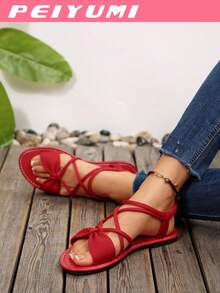 PEIYUMI Women's Fashion Sandals, Elegant Bow And Criss-Cross Strap Design, Comfortable And Versatile, Suitable For Various Occasions, Multiple Color Options - Red - View 3