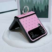 Pink Fashionable Luxury Rhombus Rhinestone Folding Phone Case With Ring Holder, Suitable Compatible With Samsung Galaxy Z Flip3 5G/Galaxy Z Flip 4 5G/Galaxy Z Flip 5 5G/Galaxy Z Flip 6 5G/Galaxy Z Flip 7 5G - Pink - View 3