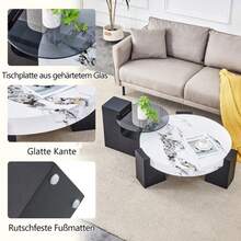 Modern, Simple Round Side Table With Two Levels – Transparent Grey Glass Top And Black MDF In An L-Shape. Marble-Effect Tabletop. Disassemblable Design For More Flexible Room Use. - 黑與白 - 查看 5