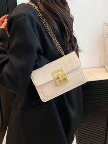 1pc Women's New Fashion Vintage One Shoulder Bag, Metal Chain Lightweight Crossbody Bag, PU Material, Casual Flap Square Bag, Crocodile Skin Bag, Girl Shopping Bag, Suitable For Women's Daily Commute, Compact And Portable - White - View 3