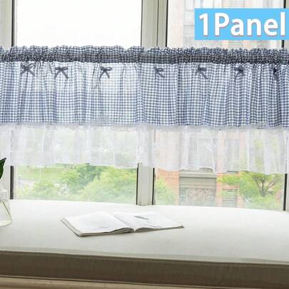 וילון קצר שקוף משובץ כחול 1pc, וילון תחרה ורוד חמוד כפרי עם כיס למוט, וילון דקורטיבי לסלון, חדר שינה, חלון קטן