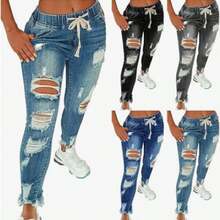 High Waist Drawstring Skinny Jeans Women Stretch Denim Elastic Waist Ripped Slim Fit Casual Pants Leggings Drawstring Waist Curve Hugging Ripped Waist Body Shaping Ripped Pants - Màu xanh hải quân - Xem 2