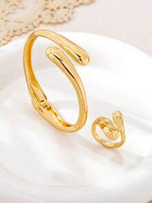 2件套情人节时尚个性化精致甜美金色水滴手链和几何蛇皮戒指首饰套装（女士款） - 金黃色 - 查看 4