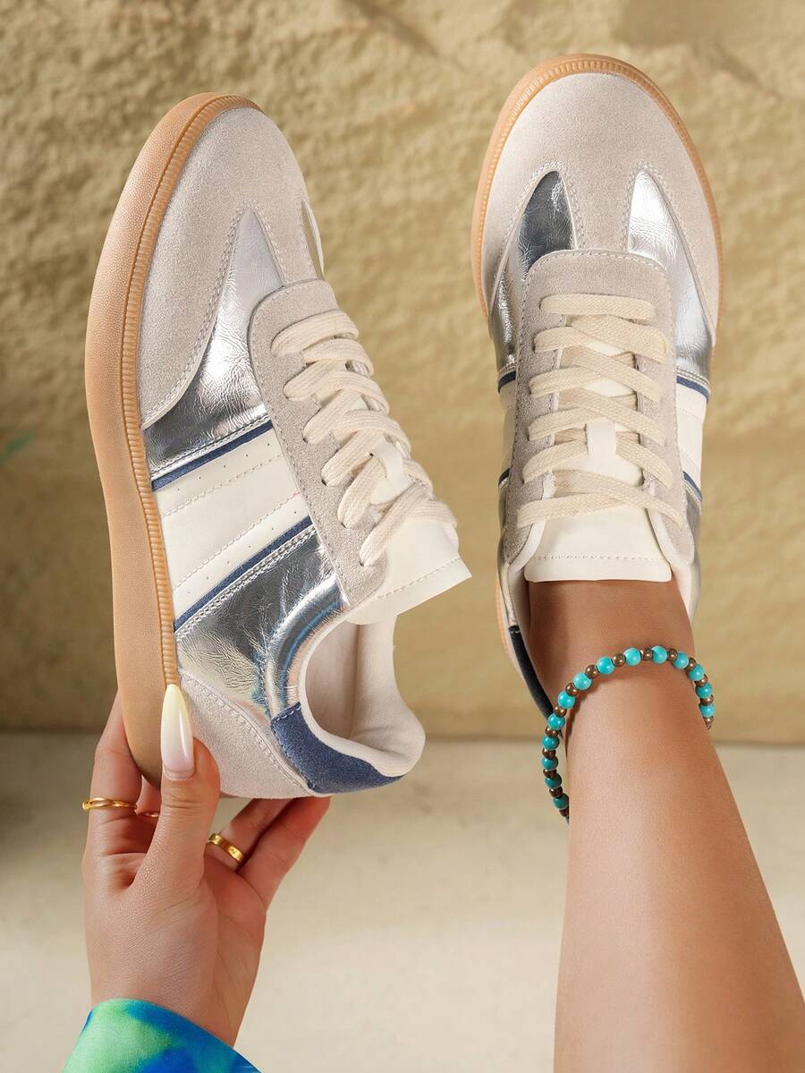 新款女鞋，时尚百搭系带条纹装饰厚底增高纯色软底休闲鞋，运动鞋，时尚轻便跑步鞋，适合日常穿着和通勤。 - 銀色 - 查看 1