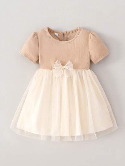 女婴薄纱连衣裙，蝴蝶结装饰，短袖圆领，舒适柔软休闲户外连衣裙，春夏新款公主派对连衣裙