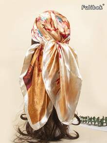 1条90厘米印花真丝围巾/头巾，女士时尚配饰，适合海滩、度假和日常生活，为您的装扮增添时尚气息。 - 米黃色 - 查看 1