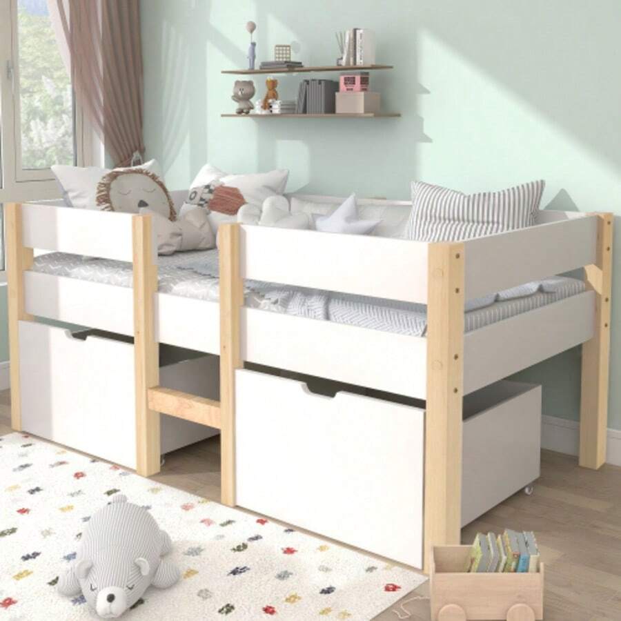 Children's Bed With Drawer And Fall Protection, Solid Pine Wood - 90x200 Cm - White & Oak - White - View 1