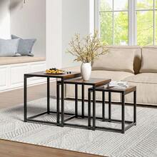 3pcs Coffee Table Set - Square Wooden Tabletop With Metal Frame, Multi-Functional End Tables For Living Room/Bedroom, Space-Saving Nested Design, Brown & Black - Brown & Black - View 2