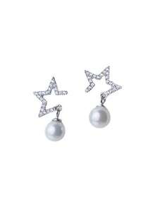 1 Pair New Rhinestone Star Earrings For Women, Fashionable Minimalist Faux Pearl Earrings - Silver - View 5