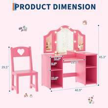 Juego de Mesa y Silla de Cambiador Princesa para niñas con Espejo triplegable, computadora de Cambiador con luz táctil con Almacenamiento y Silla de Respaldo Alto, Convertible a computadora - Rosa - Ver 2