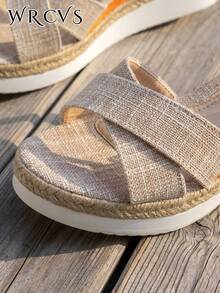 WRCVS 米色编织带坡跟凉鞋，厚底绳底时尚假日凉鞋，随机波西米亚花卉图案，厚底鞋 - 米色 - 查看 8