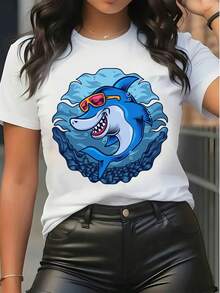 Damen Kurzarm T-Shirt Lässig Sommer Rundhals Grafik Tee mit coolen Hai Muster Streetwear Loose Fit Basic Tops für tägliches Tragen Urlaubsoutfits - Weiss - Übersicht 6