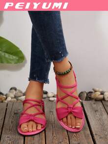 PEIYUMI Giày sandal thời trang nữ, thiết kế nơ và quai chéo thanh lịch, thoải mái và đa năng, phù hợp cho nhiều dịp, nhiều lựa chọn màu sắc. - Màu Hồng Tươi - Xem 5