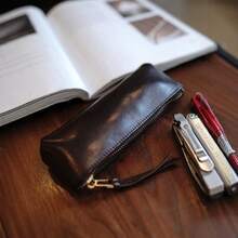 1pc Vintage Minimalist Large Capacity Pencil Case, PU Leather Storage Bag, Makeup Brush Organizer Pouch, Portable Travel Organizer Bag