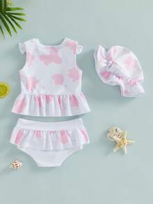 Conjunto de traje de baño para bebé niña pequeña, estampado, sin mangas, con volantes, top tipo tanga y gorro para el sol, 3 piezas. - Blanco - Ver 3