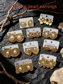 36pcs/24pcs/12pcs Women's Retro Gold Pearl Earrings Set - 14K Women's Faux Pearl Gold-Plated Stud Earrings, Creative Irregular Geometric Earrings, Pearl Heart-Shaped Earrings, Pearl Flower Earrings, Oval Earrings, It Meets Your Needs For Parties, Weddings, Dinners And Daily Wear. It Is The Best Choice - An Elegant Jewelry Set, Fashionable Jewelry - Multicolor - View 1