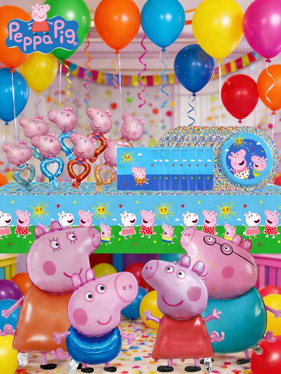 Hasbro 69件套小猪佩奇派对用品套装，包含铝箔气球、家庭卡通人物手镯气球、餐盘、桌布、餐巾纸，生日庆祝装饰派对礼品，全套餐桌用品