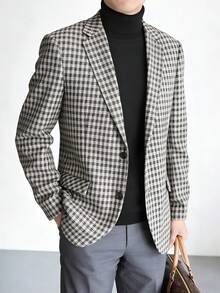 Tucano 男士格子单排扣西装，平驳领，单扣设计，修身剪裁，适合办公室、商务会议、休闲商务场合及日常通勤。 - 卡其色 - 查看 2