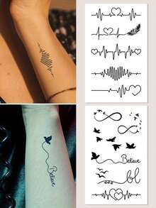 2pcs Temporary Tattoo Stickers - Waterproof Body Art With Heart, Feather, EKG And Music Note Designs, Suitable For Wrist And Arm - Unisex Reusable Body Jewelry, Minimalist Tattoo Design - Black - View 8